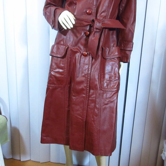 Vintage Genuine Leather Jacket Trench Coat S/Small Made in Korea Dark Red Maroon - Picture 5 of 16